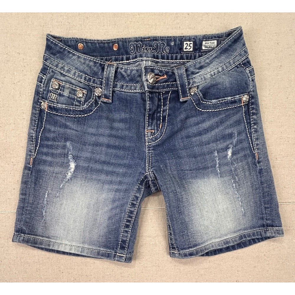 Miss Me Women's 25 Bermuda Denim Shorts Mid Rise Distressed Blue